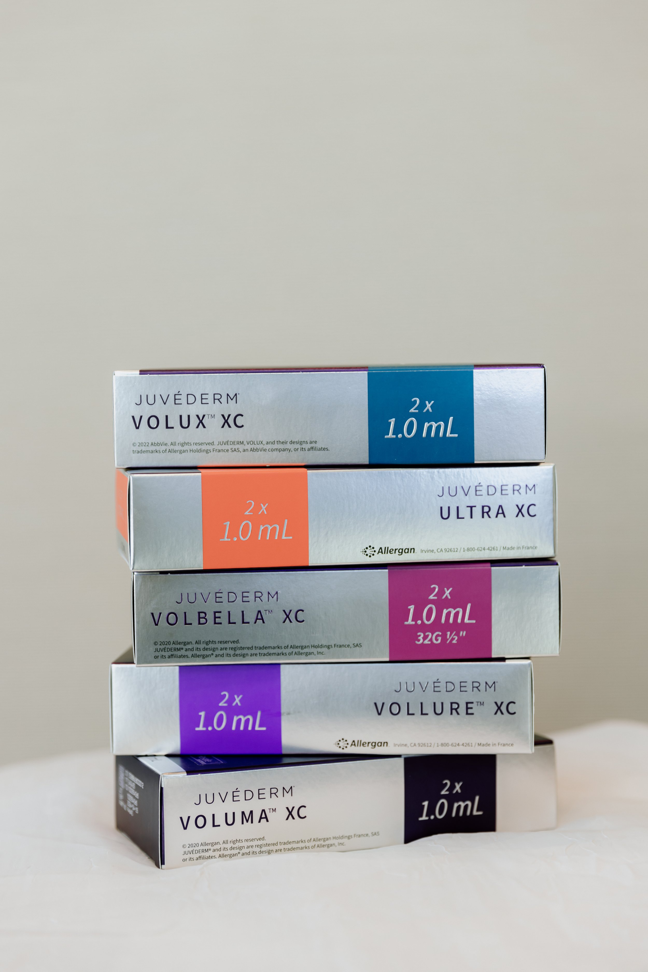 Juvederm line of fillers in boxes in a treatment room in a Scottsdale med spa.