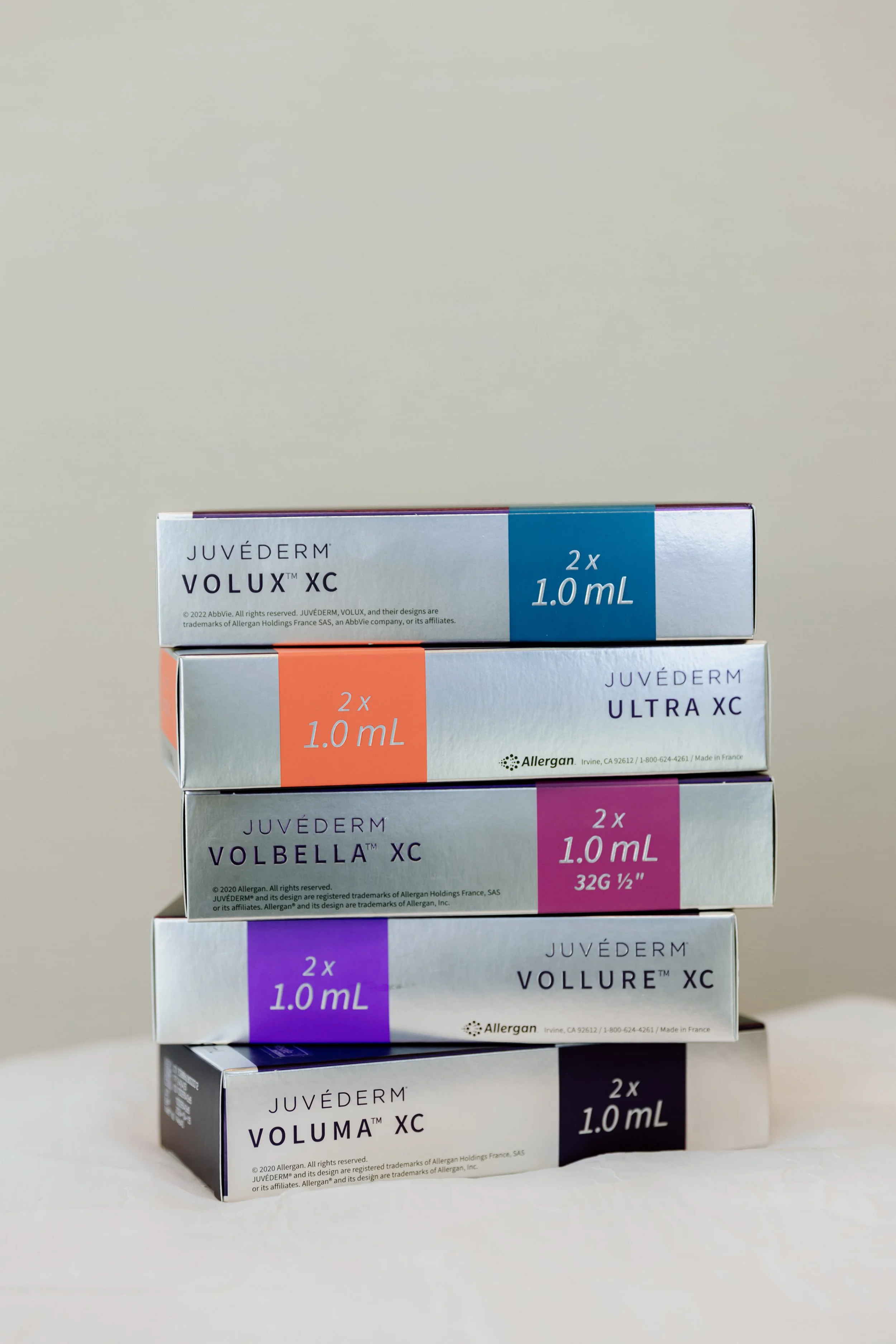 Premium hyaluronic acid dermal filler boxes displayed at a Scottsdale med spa.