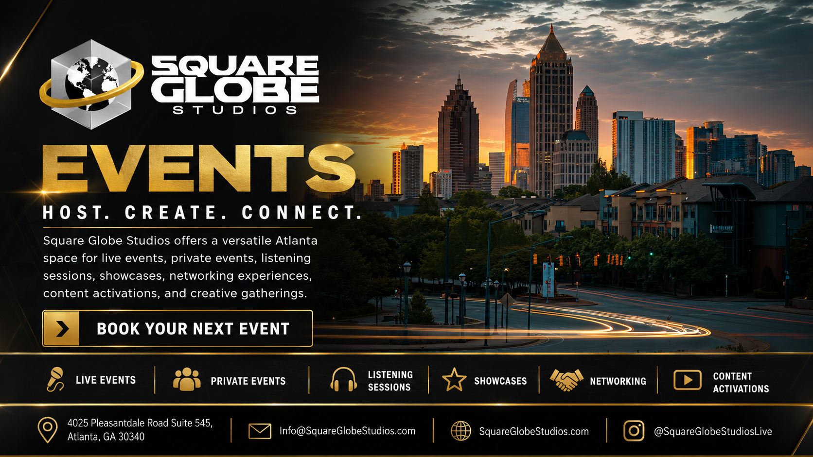 Advertising poster for Square Globe Studios featuring a city skyline at sunset, with bold text promoting events and services like live events, private events, listening sessions, showcases, networking, and content activations, along with contact details and social media handles.