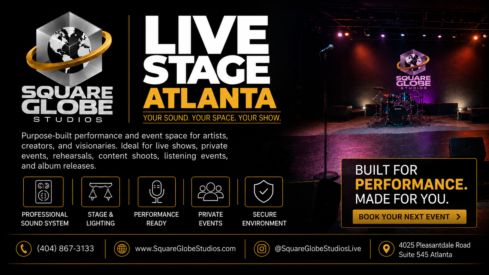 Advertisement for Square Globe Studios' live performance stage in Atlanta, featuring a photo of a stage with musical instruments and colorful lighting, and text describing the venue's features and contact information.