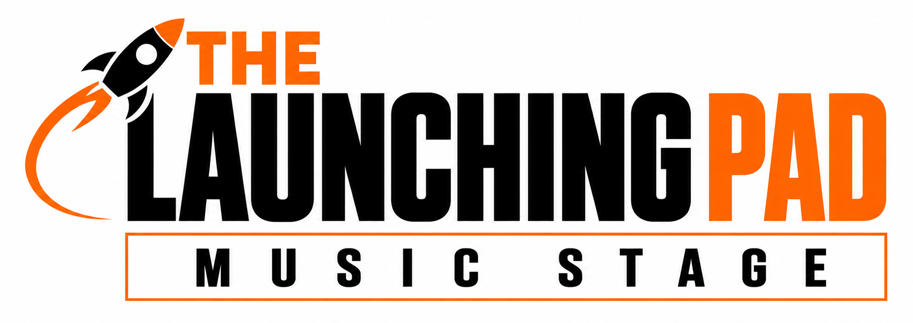 Logo for the LAUNCHING PAD MUSIC STAGE featuring a stylized rocket with an orange flame, the words 'THE LAUNCHING PAD' in bold black and orange text, and a rectangular border around 'MUSIC STAGE' in black.