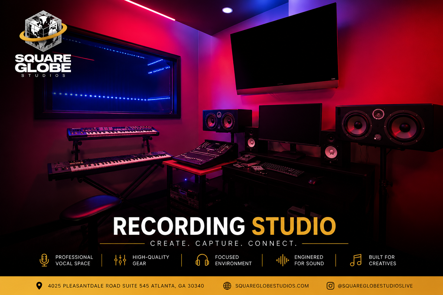 A music recording studio with pink and purple ambient lighting. It features two keyboards on a stand, a large mixing console, two large studio monitors, a wall-mounted TV, and an additional monitor. The studio has a banner at the bottom with information about the studio facilities and location in Atlanta, Georgia.