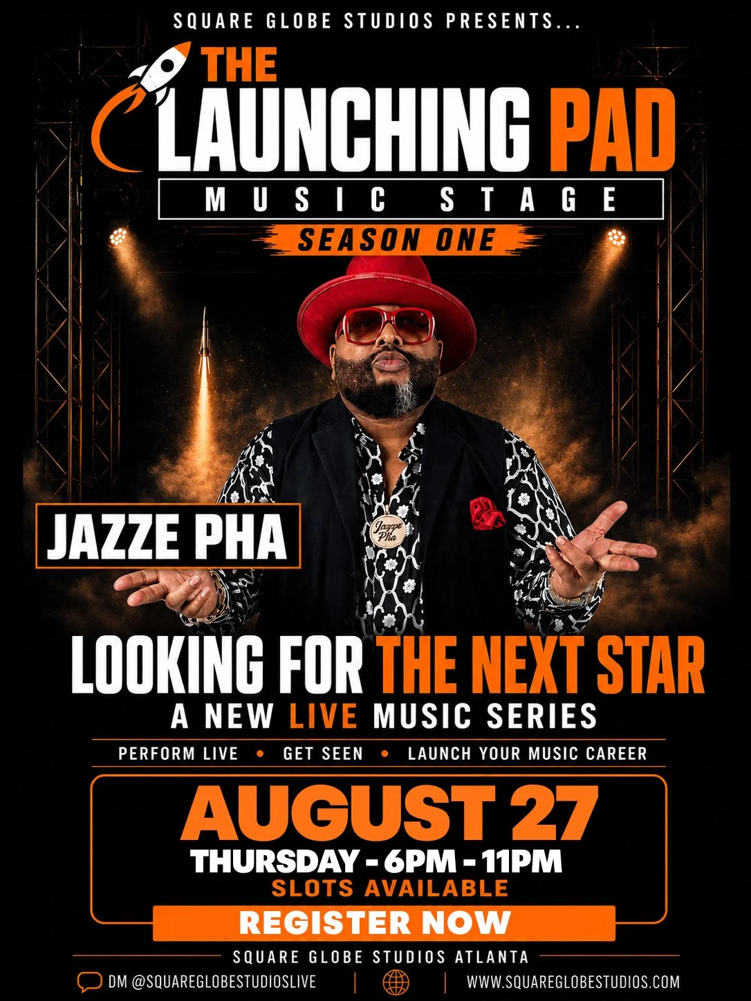Promotional poster for 'The Launching Pad Music Stage,' featuring three men, one in the center wearing a black hat, red sunglasses, and a red jacket, with a rocket launching in the background. Text details casting dates, location at Square Globe Studios in Atlanta, Georgia, and contact info for performance slots.