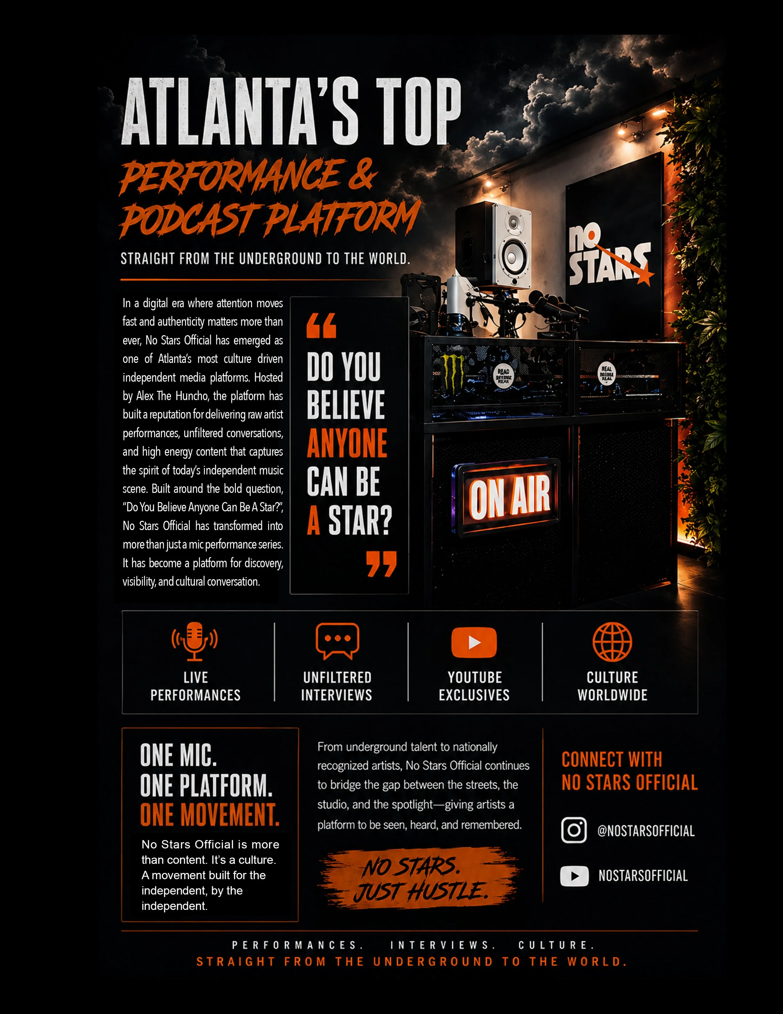 Promotional poster for No Stars Official featuring a dark urban scene with stage equipment, a sign that says 'On Air', and social media icons. The text highlights performances, interviews, and culture, promoting independent music culture in Atlanta.