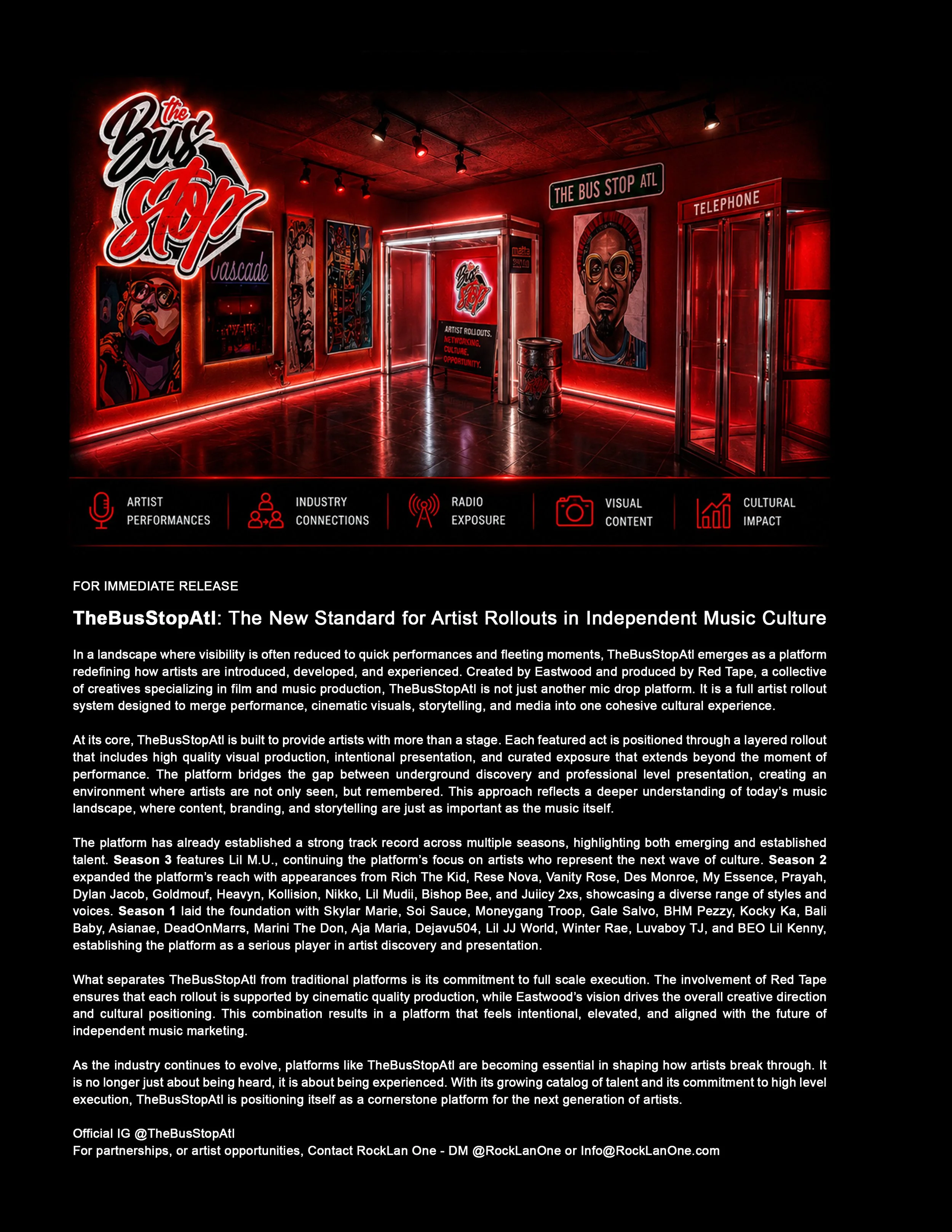 An indoor art exhibit with red neon lighting, featuring artwork and signs related to The BusStopAtl platform and music culture, including portraits, promotional banners, and a telephone booth, emphasizing artist performances, industry connections, radio exposure, visual content, and cultural impact.
