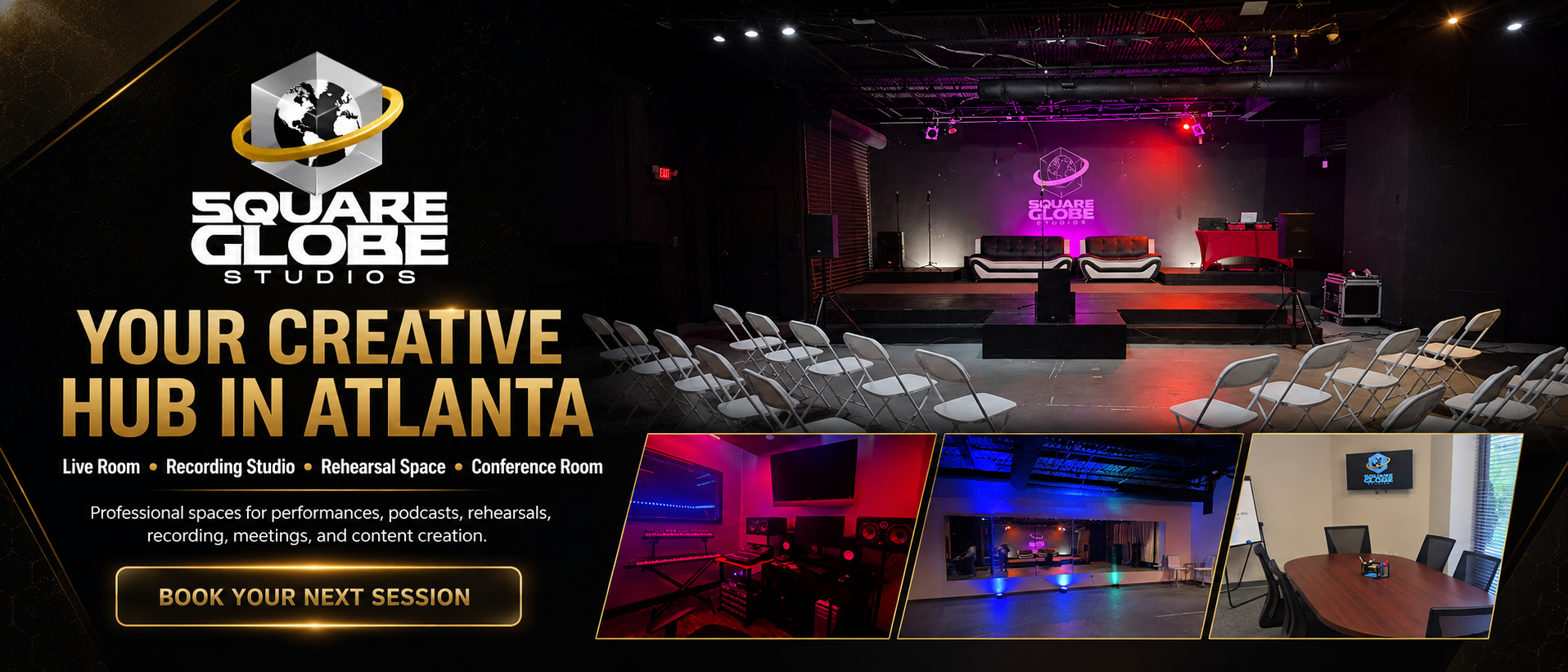Poster advertising Square Globe Studios in Atlanta, showing an auditorium with stage and chairs, interior photos of a music studio, rehearsal space, conference room, and a logo of Square Globe Studios.