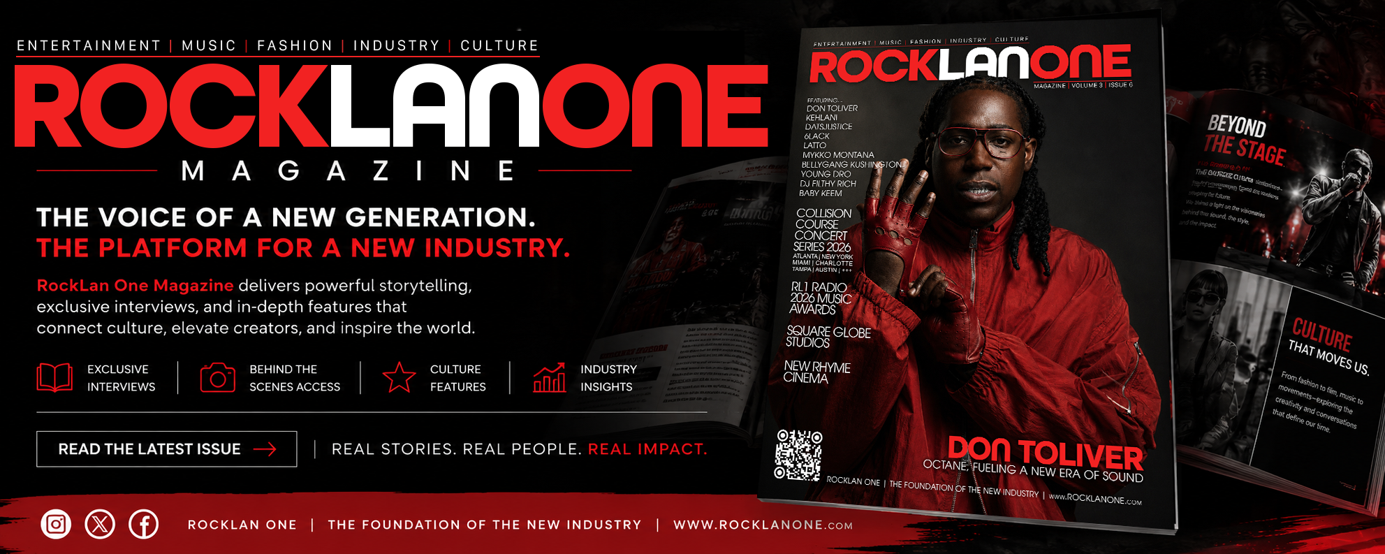 Advertisement for RockLan One Magazine promoting entertainment, music, fashion, industry, and culture. The cover features Don Toliver in a red jacket with glasses, promoting a new era of sound. The ad highlights exclusive interviews, behind-the-scenes access, culture features, and industry insights, with a call to action to read the latest issue.