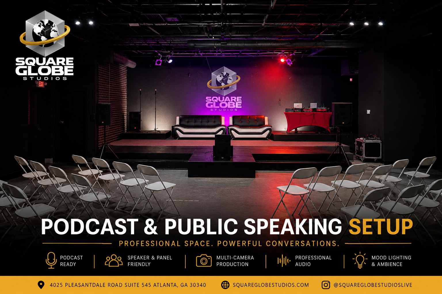 An indoor stage setup for podcast and public speaking events at Square Globe Studios, featuring a black stage with two black sofas, a DJ table, and professional audio equipment, with seating arranged in front. The studio has a black wall with the studio's logo illuminated, and promotional text for the setup displayed at the bottom of the image.