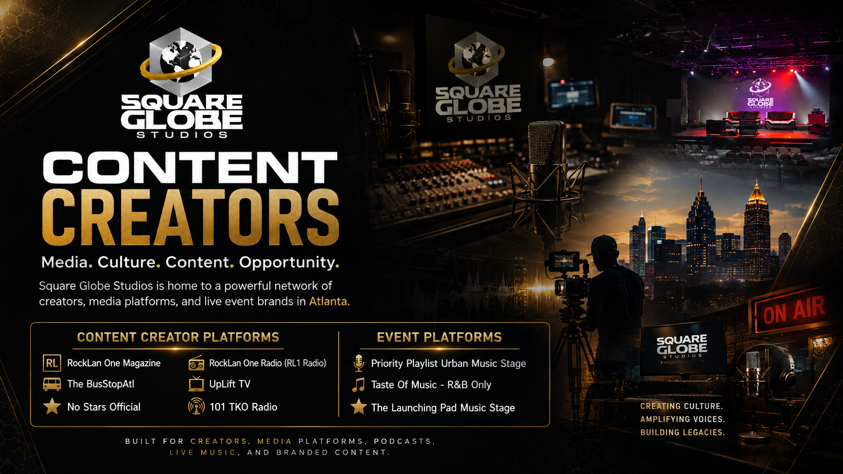 Promotional graphic for Square Globe Studios featuring a city skyline at sunset, a radio station setup, a video camera operator, a stage with seated audience, and text about content creator, media platforms, and live event offerings.