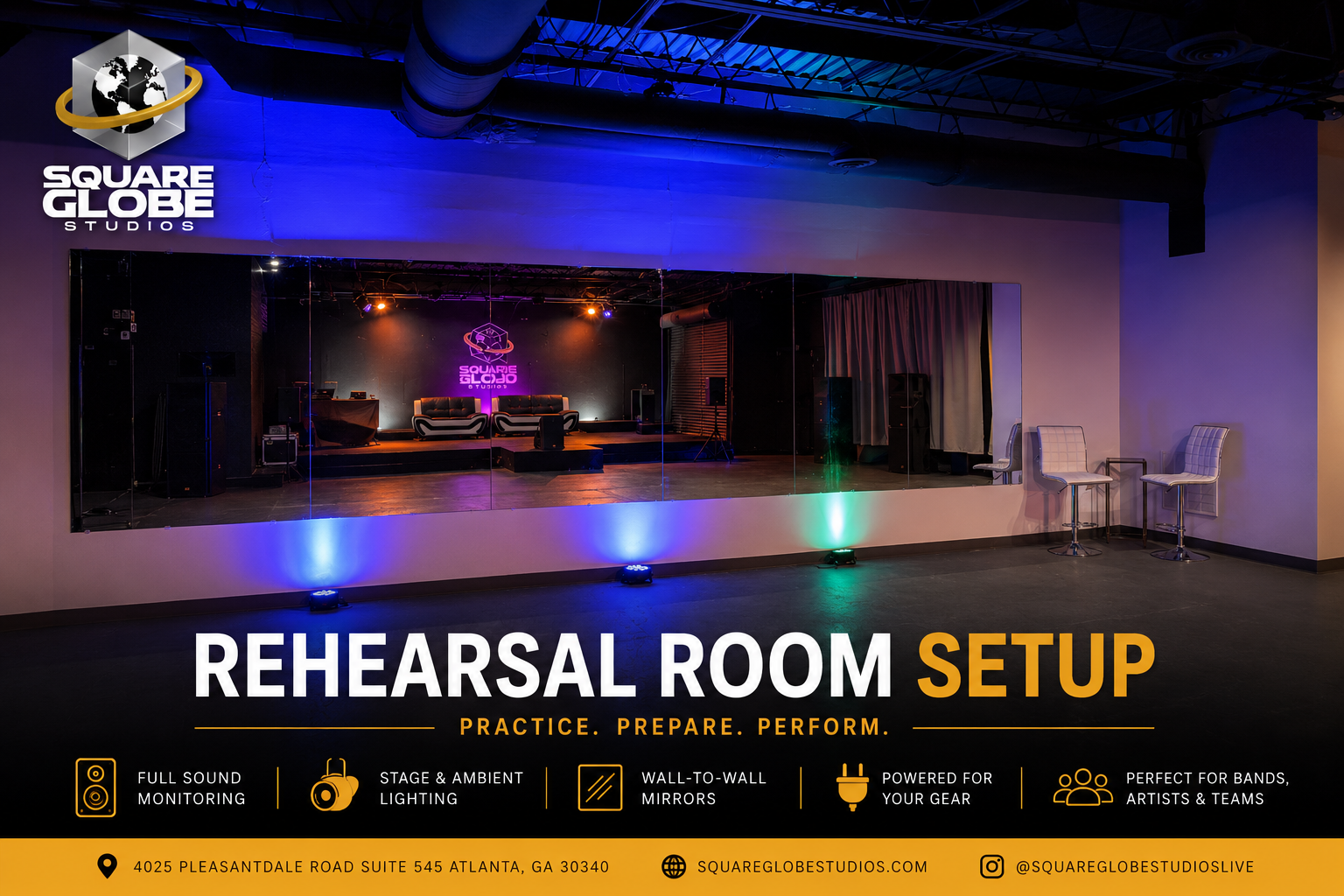 Image of a rehearsal room setup with a stage, seating area, and colorful lighting, showing the logo of Square Globe Studios.