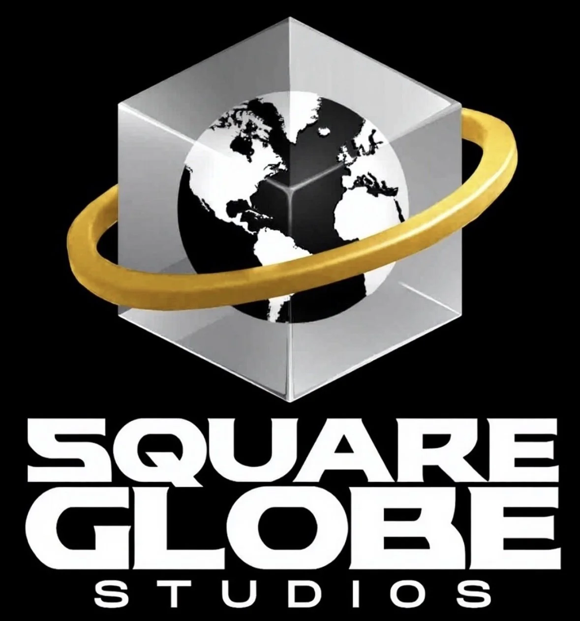 Logo of Square Globe Studios featuring a globe with a black and white map inside a glass cube, with a yellow ring orbiting around it.