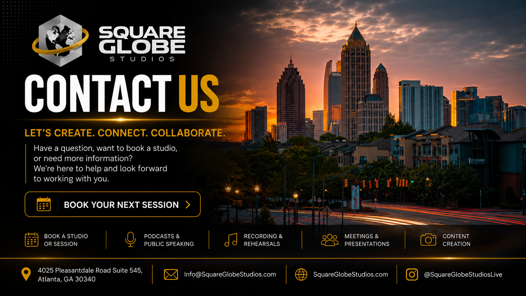 Contact page for Square Globe Studios featuring a city skyline at sunset, with text encouraging bookings for studio, podcast, recording, meetings, and content creation. Contact details and social media icons at the bottom.
