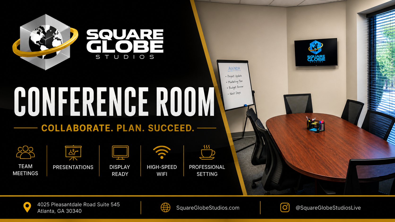 Conference room with a large wooden table, black mesh chairs, a whiteboard with agenda items, a wall-mounted TV displaying the Square Globe Studios logo, and large window blinds. The image includes a promotional graphic for Square Globe Studios' conference room services, highlighting team meetings, presentations, display readiness, high-speed WiFi, and a professional setting, with contact details at the bottom.