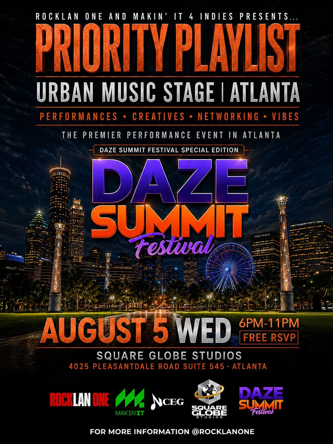 Digital poster for Priority Playlist event in Atlanta featuring a city skyline with illuminated roads and a fiery sunset sky. Contains event details, date, location, and information about artist performances.