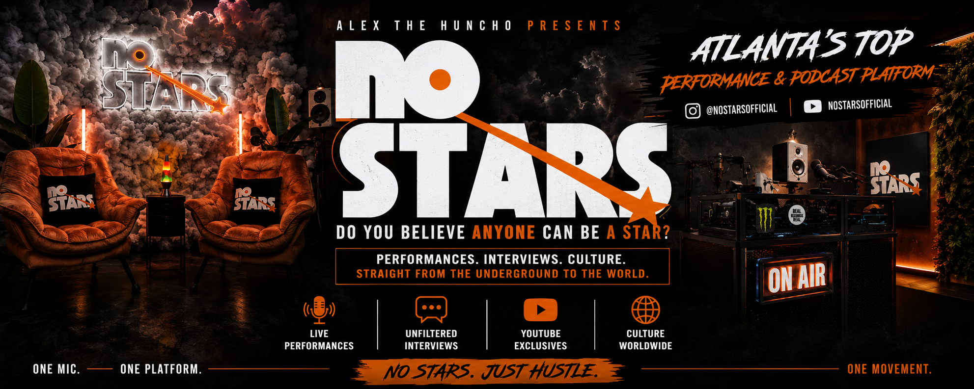 Promotional banner for No Stars, a performance and podcast platform in Atlanta. The background features a smoky sky with clouds, neon signs, two brown lounge chairs with black pillows, and a studio setup with audio equipment, speakers, and monitors. The text highlights live performances, interviews, culture, and YouTube exclusives.