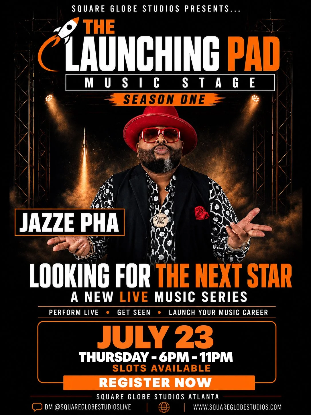 Promotional poster for 'The Launching Pad Music Stage,' featuring three men, one in the center wearing a black hat, red sunglasses, and a red jacket, with a rocket launching in the background. Text details casting dates, location at Square Globe Studios in Atlanta, Georgia, and contact info for performance slots.