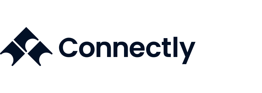 Logo of Connectly, featuring a dark blue stylized icon with interconnected shapes and the word 'connectly' in lowercase navy blue text.