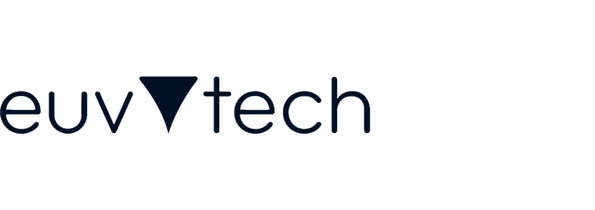 Euvtech logo with stylized text and a triangle pointing downward