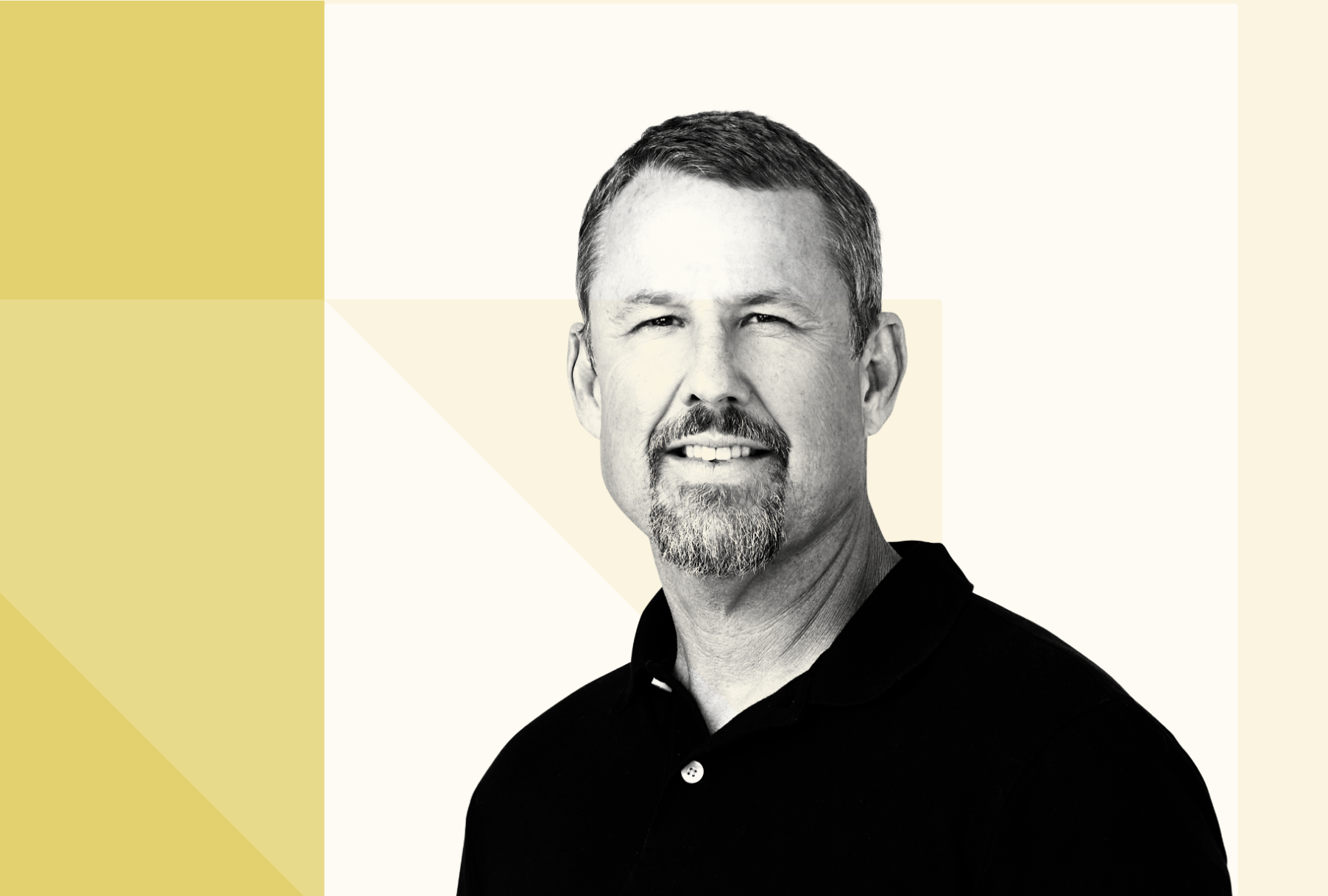 Black-and-white portrait of Matt Welton with short hair and a goatee, wearing a dark collared shirt, against a light background with geometric color blocks.