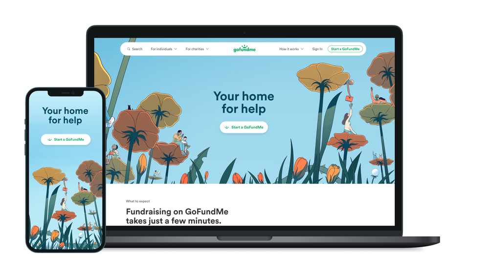 Screenshot of GoFundMe website displayed on a laptop and a smartphone, with a colorful floral background and a phrase "Your home for help".