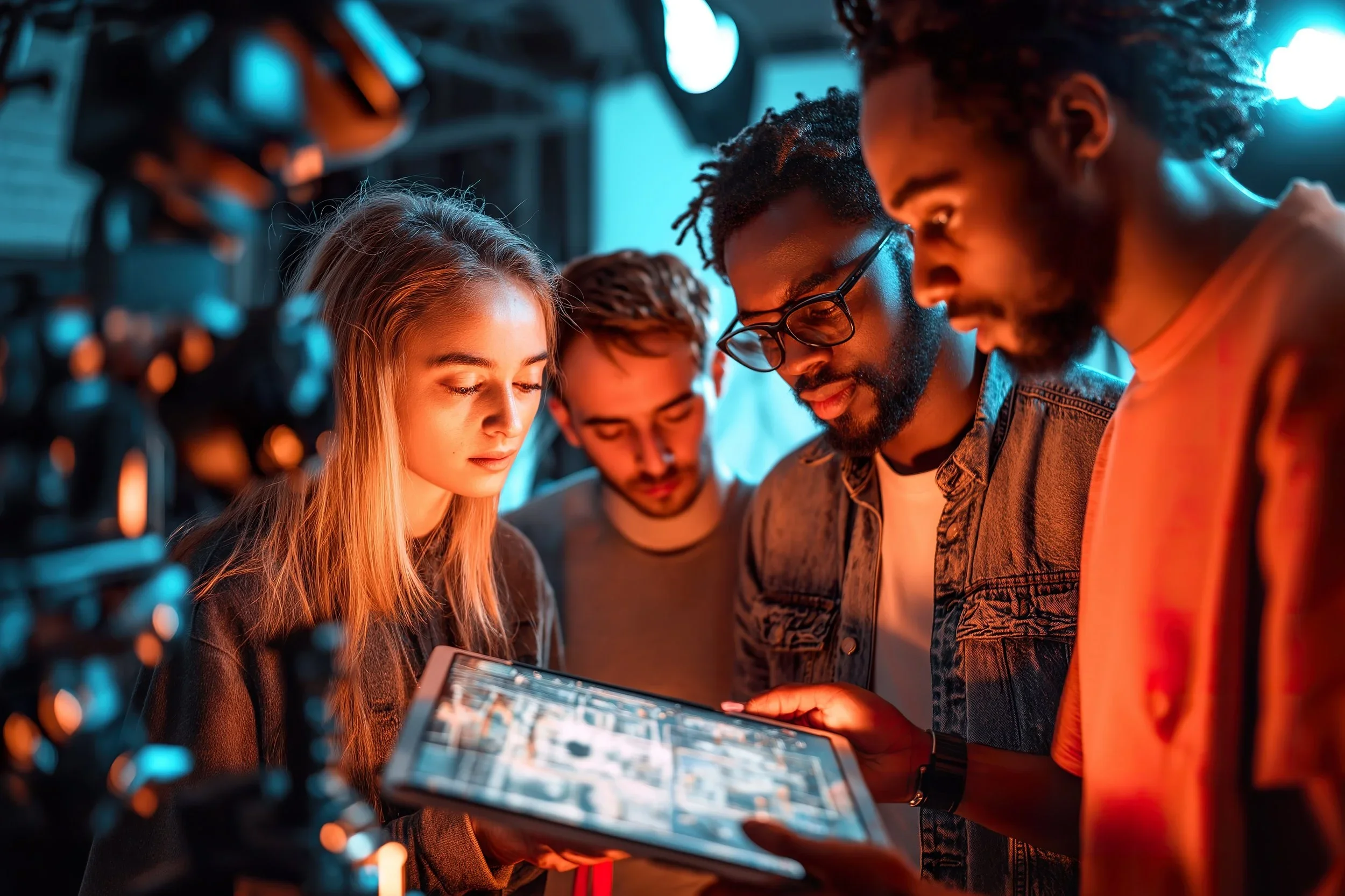 Group of five young people looking at a tablet, surrounded by cameras, with a blue and orange lighting setup indicating a professional filming or photography environment.