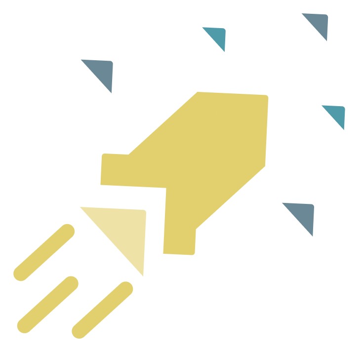 A yellow rocket ship launching with three trailing lines, surrounded by small blue triangles that are made up of the Scalrr logo.