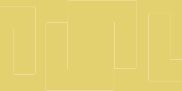 Abstract yellow background with overlapping white-outlined squares of various sizes.