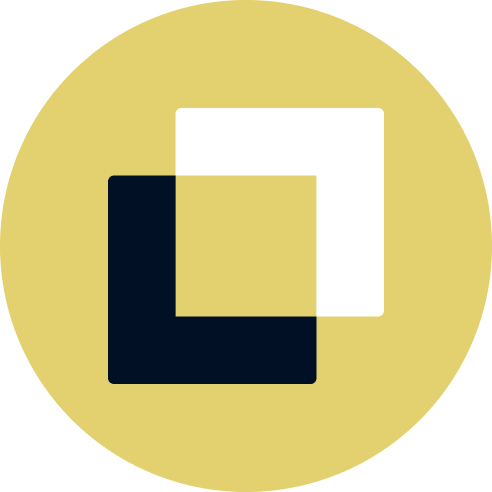 Abstract logo with a yellow background and overlapping black and white squared shapes that take the shape of the Scalrr logo.