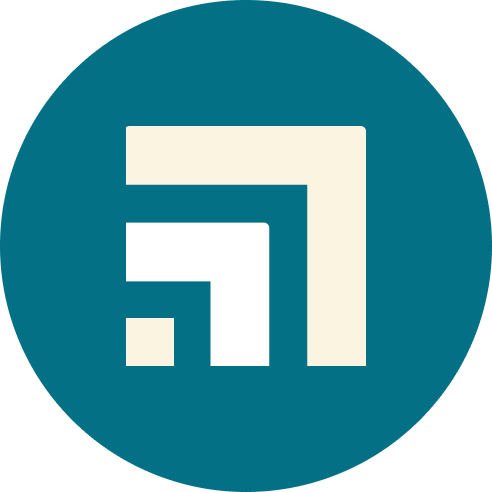 A white geometric logo composed of four nested squares on a dark teal circular background that are made up of the elements of the Scalrr logo mark.