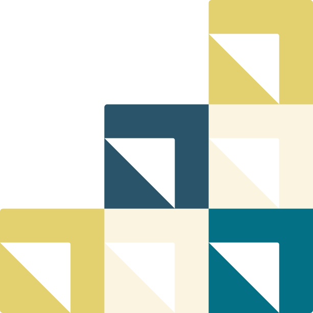 A geometric pattern composed of squares and triangles in black, beige, blue, and white colors that are part of the Scalrr logo mark.