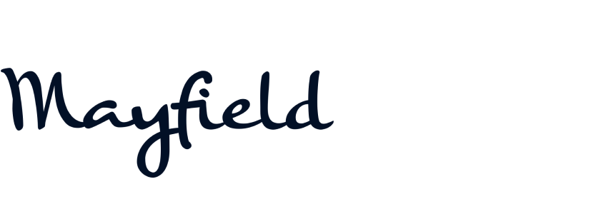 Mayfield logo with stylized text in dark blue.