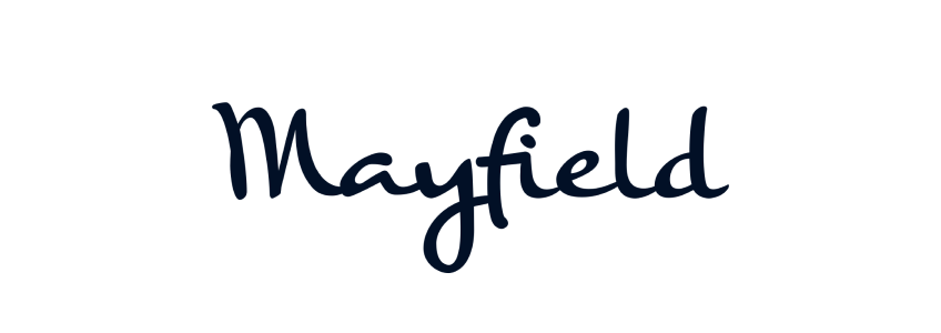 Mayfield logo in navy blue text on a white background.