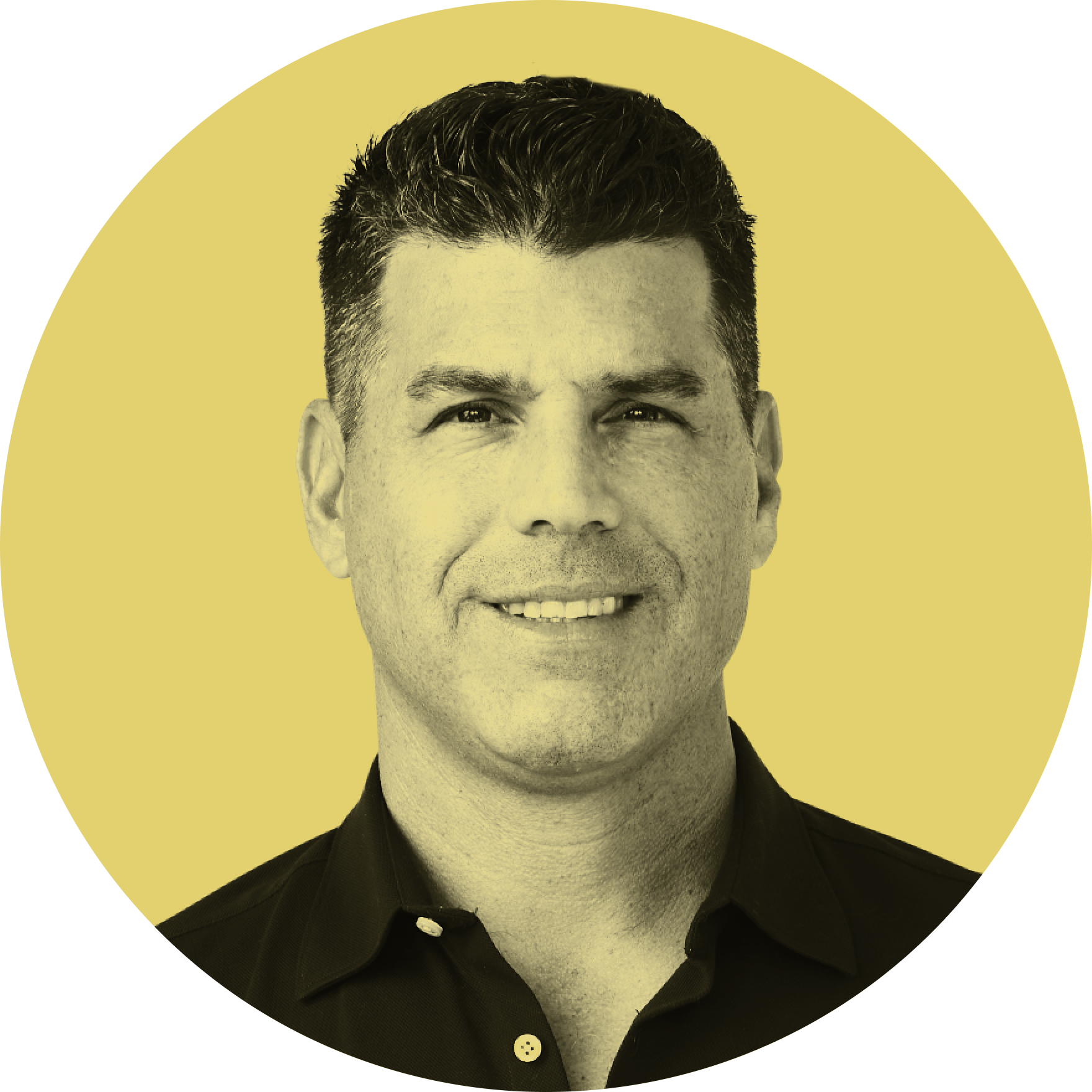 Headshot photograph of a man with dark hair, wearing a dark collared shirt, smiling, set against a yellow background with a black semi-circle at the top left.