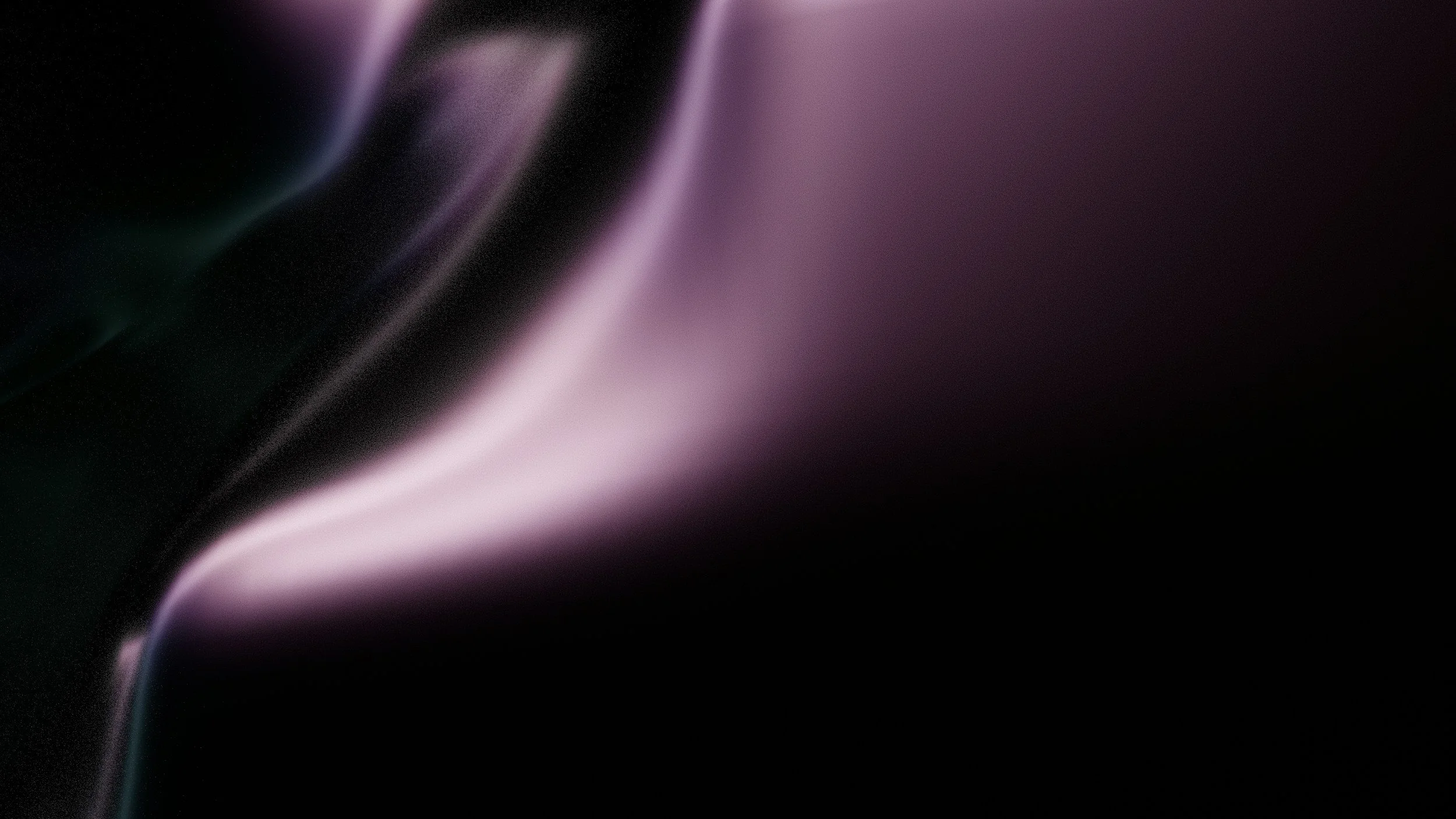 Abstract image with dark background and flowing, soft purple, pink, and greenish streaks of light.