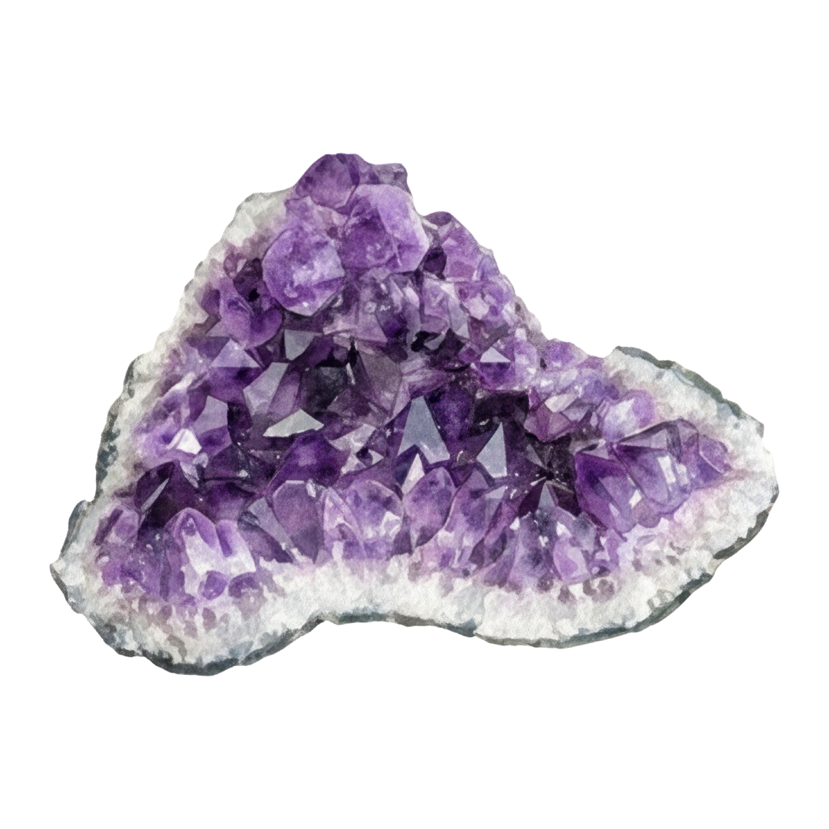 A close-up of a purple amethyst crystal cluster on a white background.