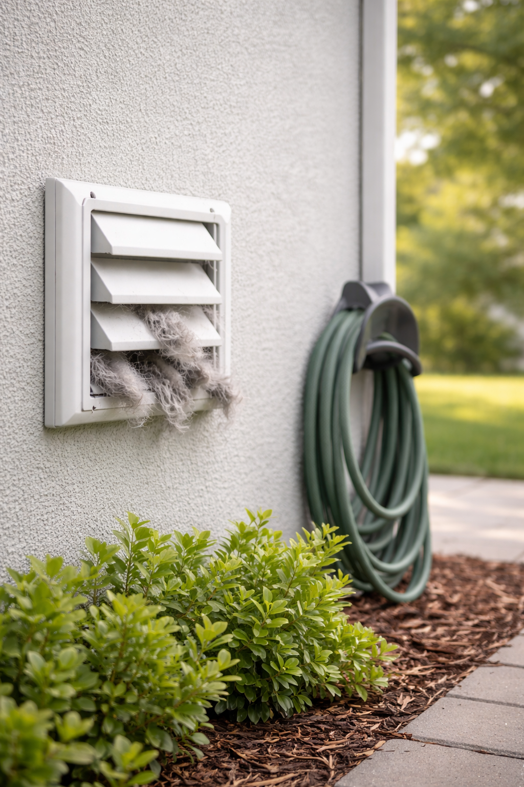 A white exterior wall with a vent that has lint and dust on its slats, and a coiled garden hose hanging on a wall hook, next to green bushes and a paved walkway with mulch.