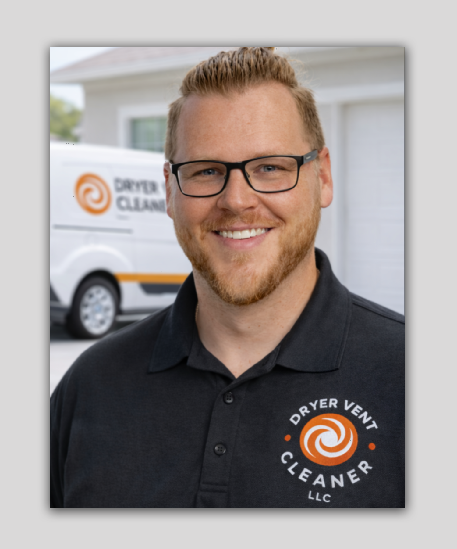 A smiling man with glasses, a beard, and short, light brown hair, wearing a black polo shirt with a logo that says Dryer Vent Cleaner LLC, standing outdoors near a white van with the same logo.