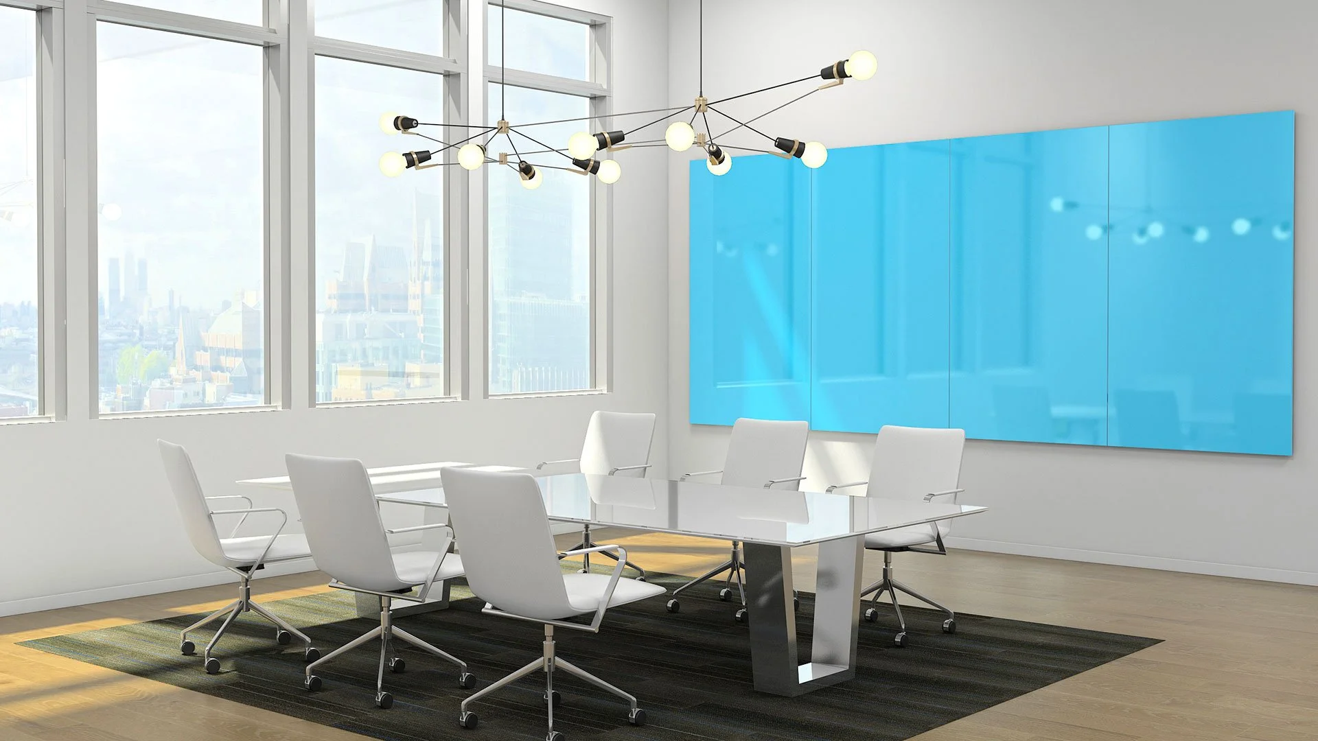 Modern conference room with large windows, white chairs around a glossy white table, blue wall panels, and a unique black and gold geometric chandelier.