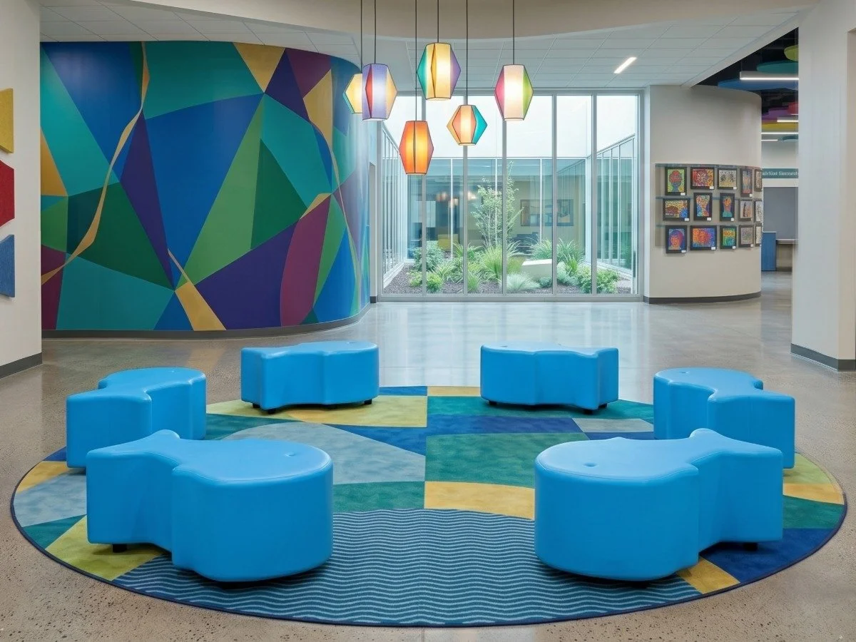 Colorful modern lobby with blue seating, geometric patterned rug, hanging multicolored pendant lights, large windows with a garden view, and colorful artwork on the walls.