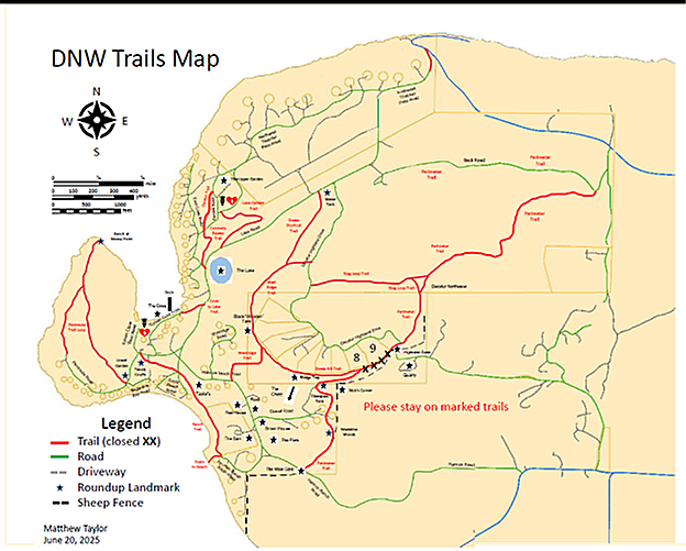 Map of DNW Trails showing various marked trails, roads, driveways, landmarks, roundups, and sheep fences, with a legend and compass rose for navigation.