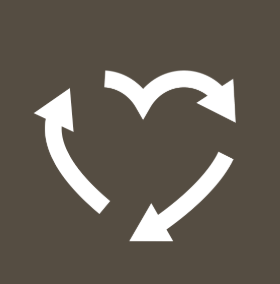 White recycling symbol on a brown background, symbolising teaching practice in a Montessori environment, to present, to observe, to reflect, to act.