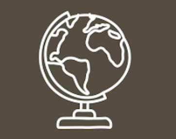 Line drawing of a globe on a stand, showing the continents, symbolising the Montessori materials.