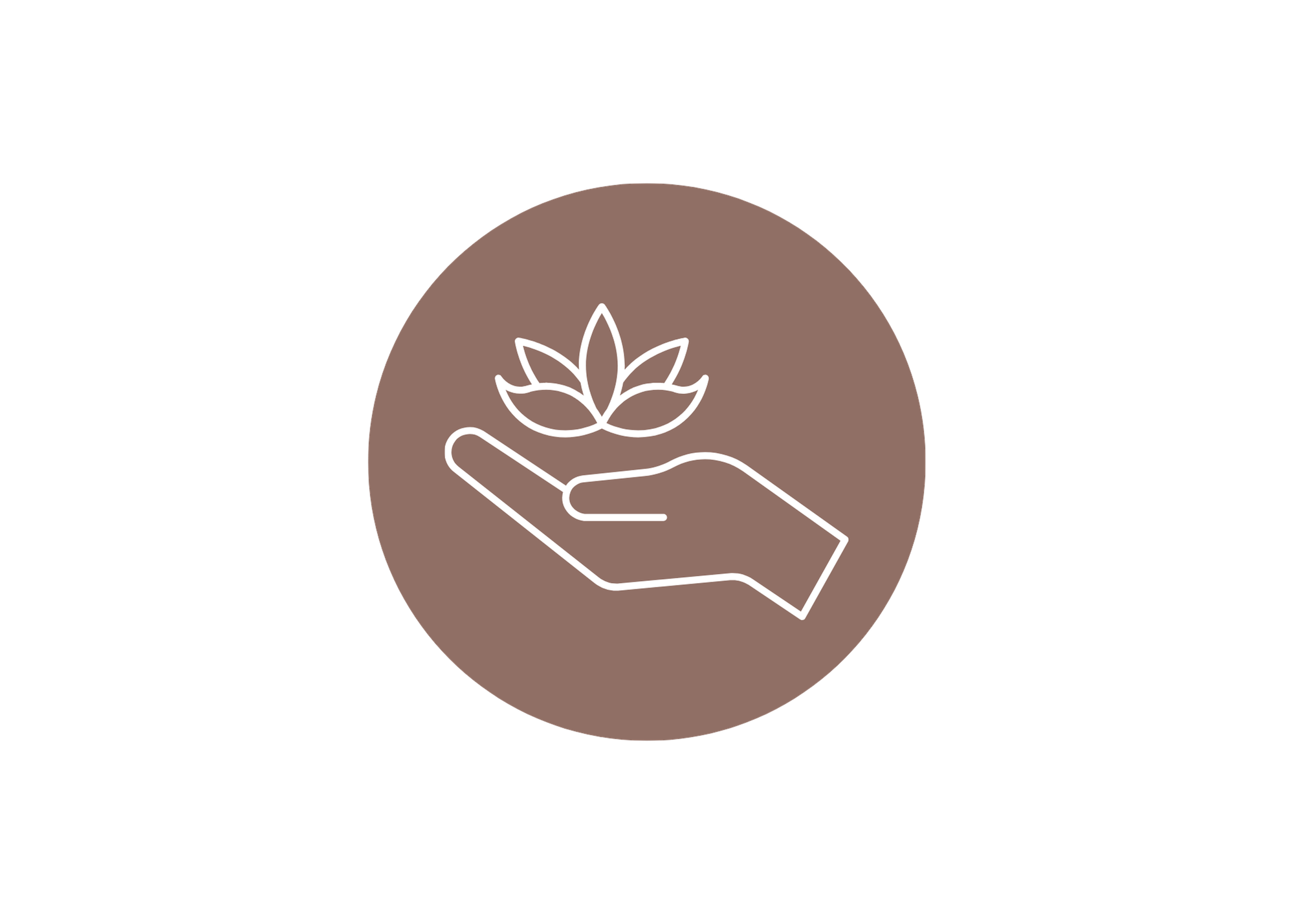 Line drawing of a hand holding a small plant with leaves, set against a circular brown background.