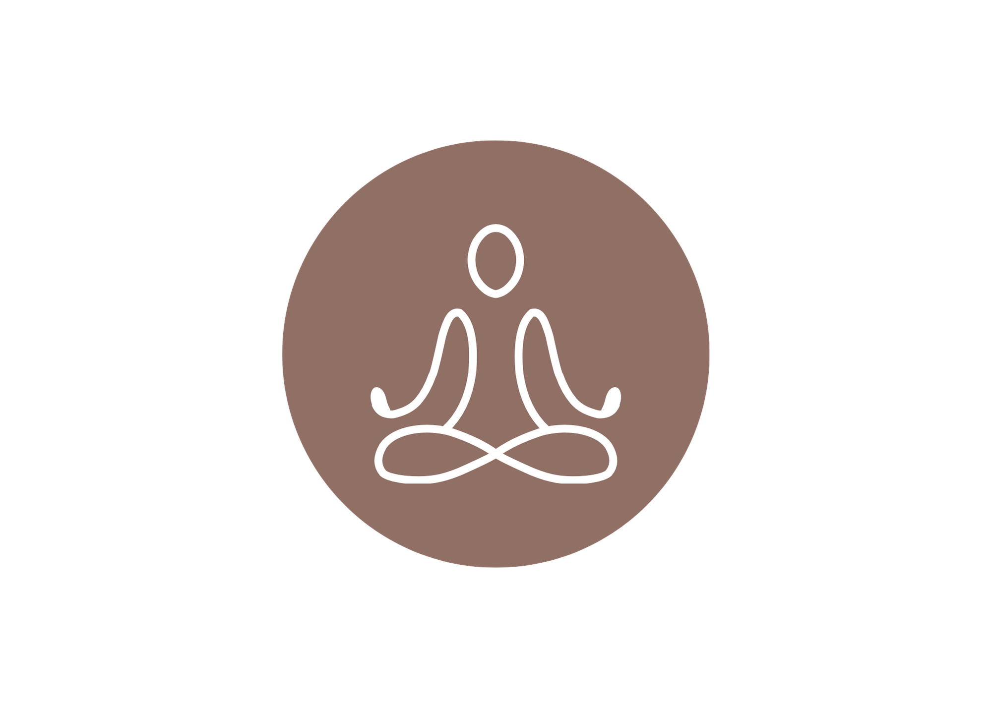 A simple line drawing of a person sitting cross-legged in a meditation pose inside a brown circle.