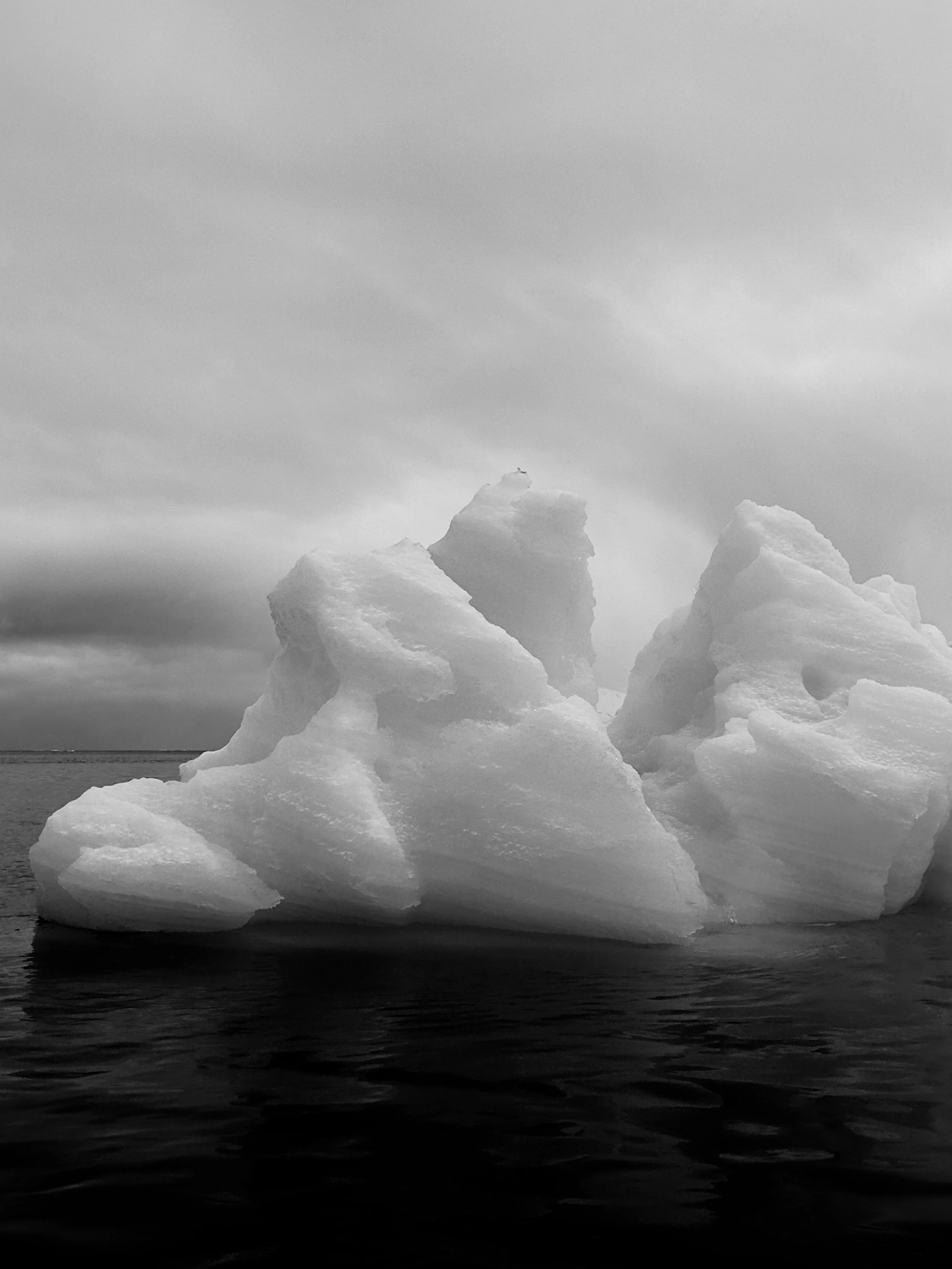 Black and white photo of large icebergs floating in the ocean with cloudy sky above.