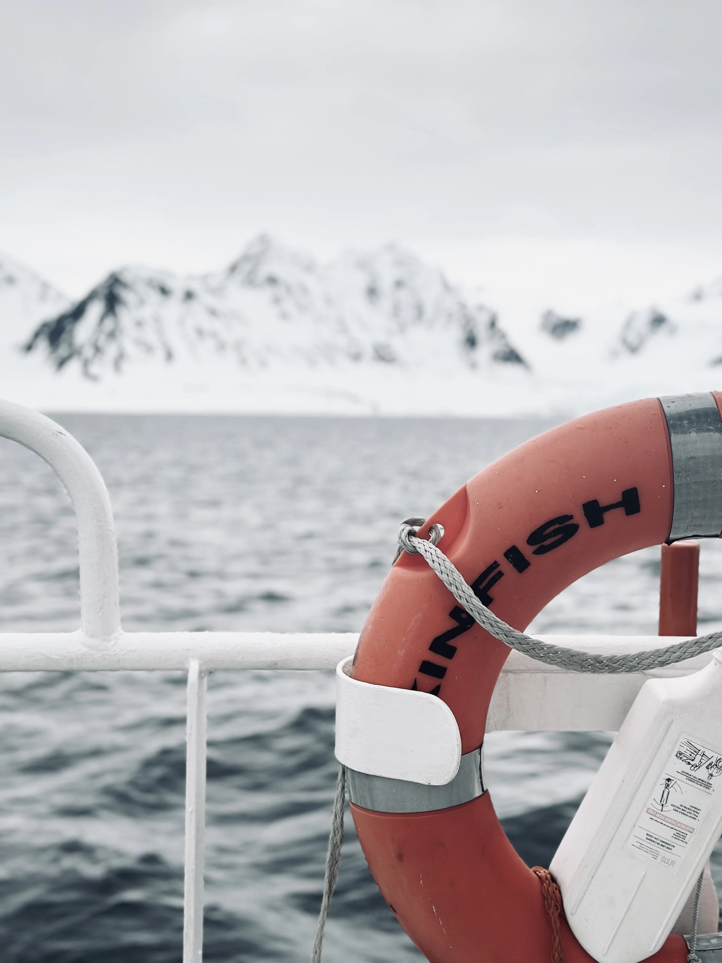 A life preserver attached to a boat railing with a snowy mountain landscape in the background.
