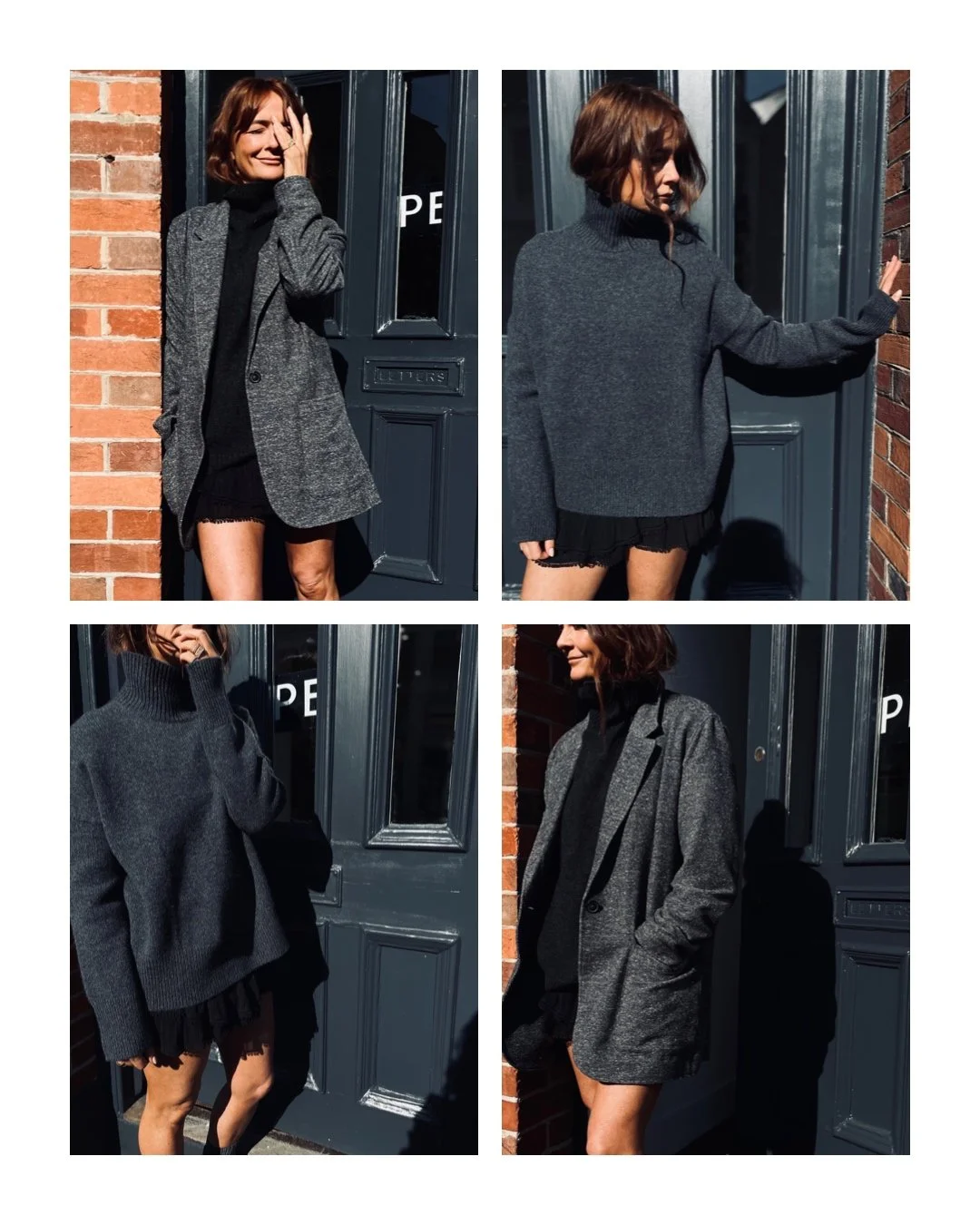 A collage of four photos featuring a woman in different black and gray outfits, standing outside near a dark blue door with brick walls in the background, during daylight.