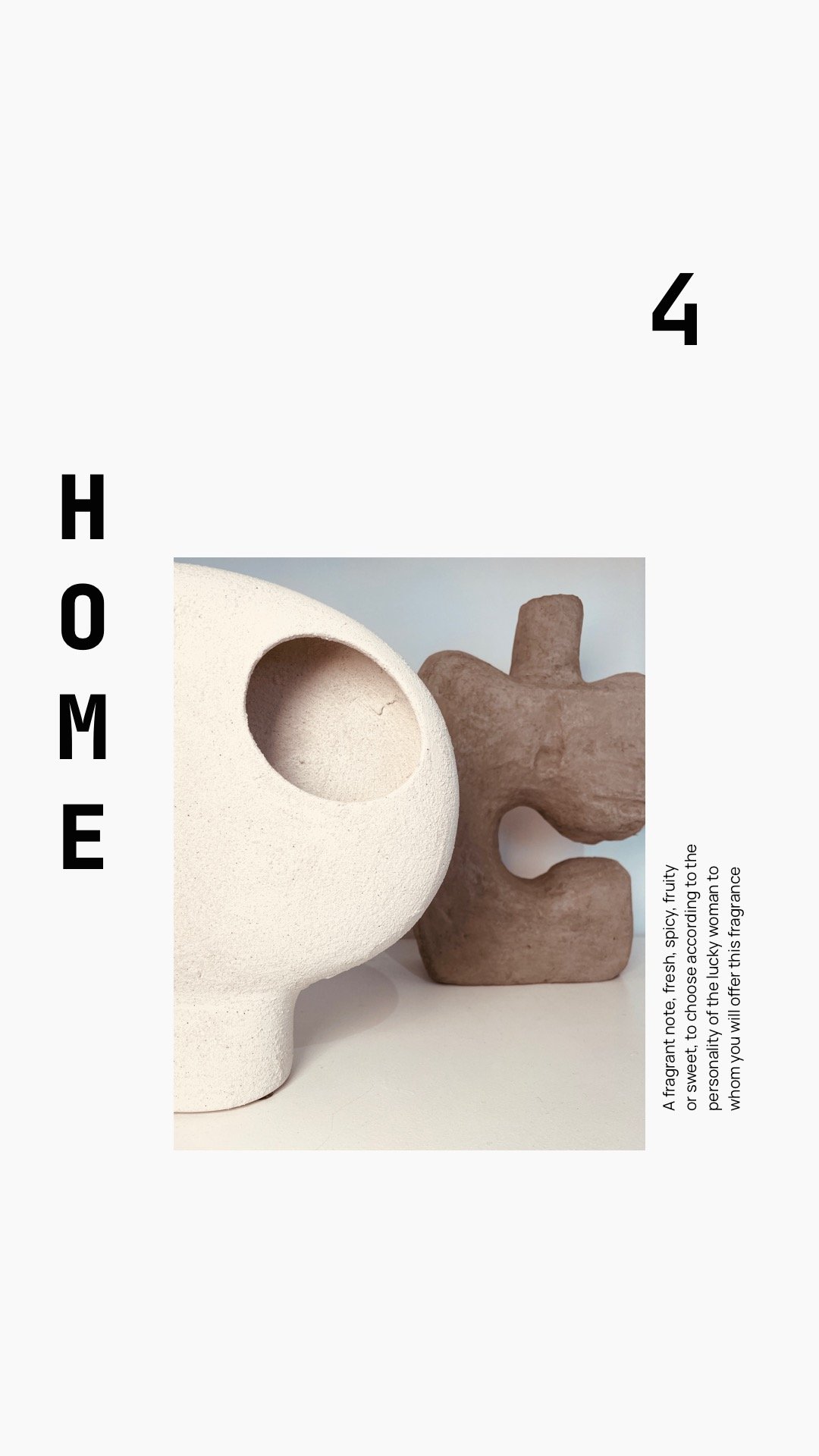 Decorative objects, a white skull-shaped sculpture with a hollow eye socket and a smaller brown abstract sculpture, with a caption describing fragrance notes.