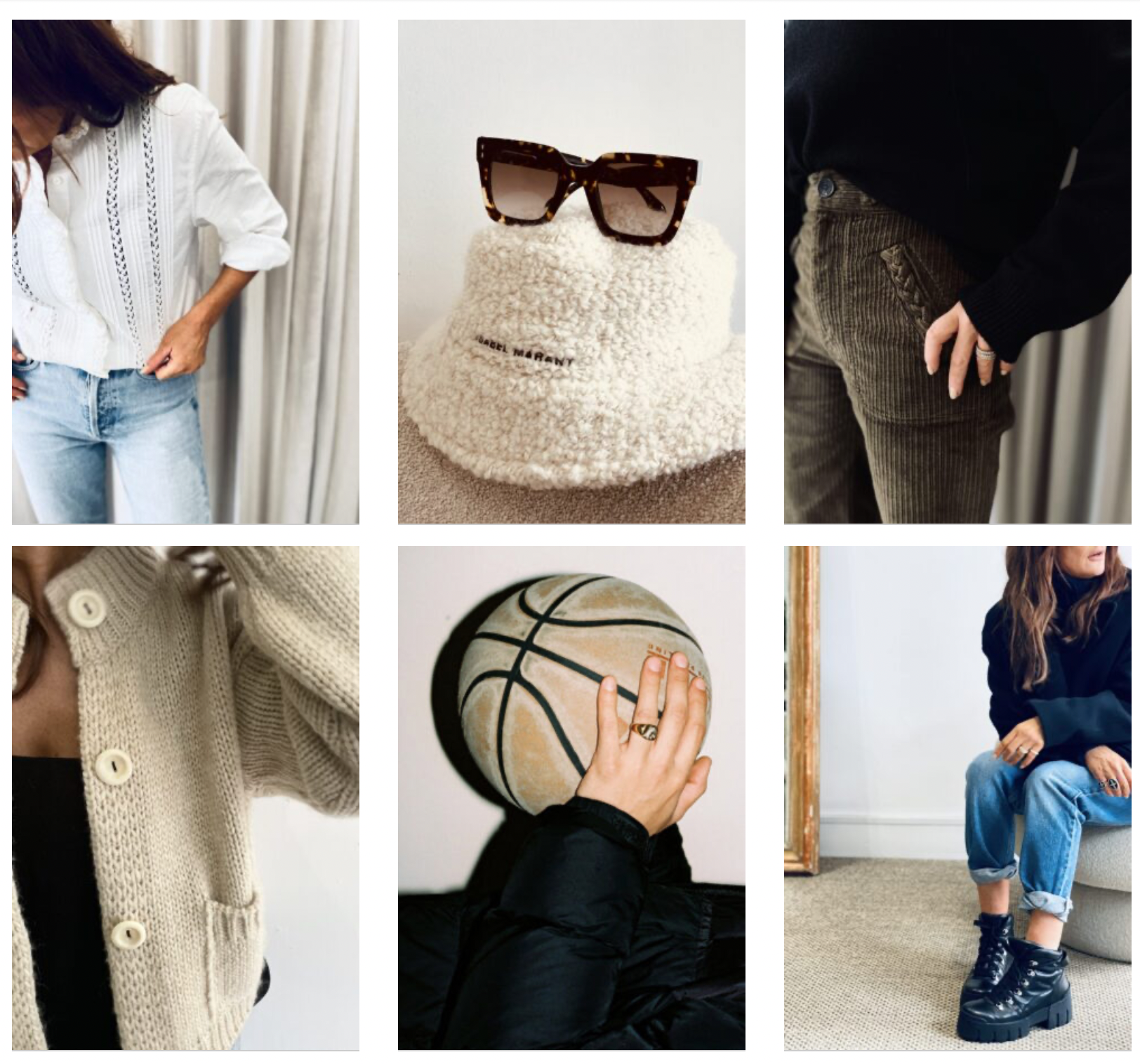 Six images featuring casual fashion and accessories: women in denim and knitted tops, a beige textured hat with sunglasses, a hand holding a basketball, a woman in distressed jeans and boots, and a person holding a basketball in front of their face.