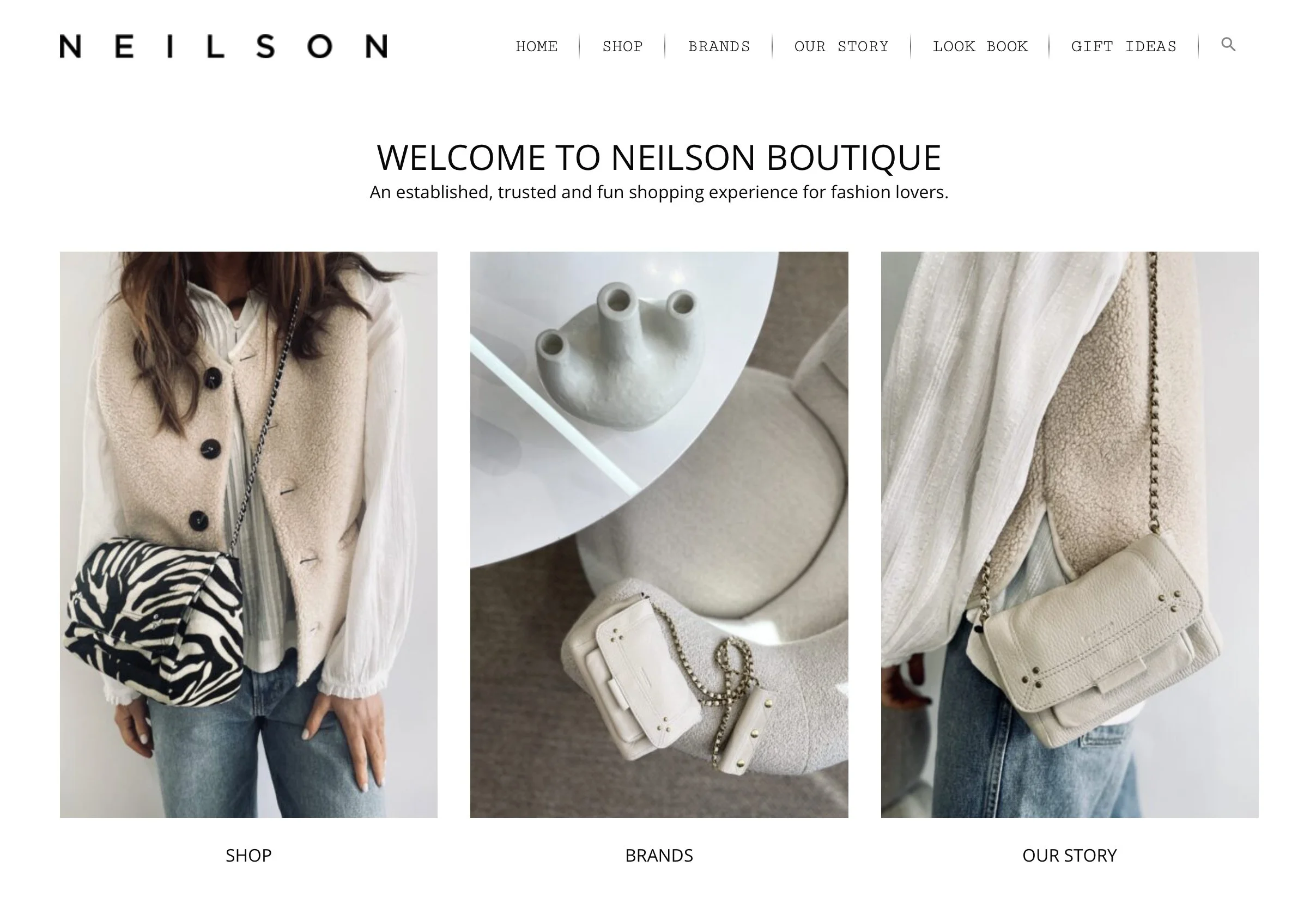 The webpage for Neilson Boutique features three sections: a woman wearing a beige vest and carrying a black and white zebra print handbag, a display of white handbags and accessories on a beige chair, and a close-up of a beige purse with a chain stra